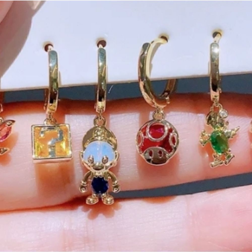 14K Gold Plated Super Mario Bros Nintendo Huggie Hoop Dangle Mismatched … - Picture 2 of 2